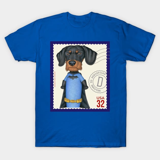 Superhero Dachshund Doxie with Bat emblem and Cape T-Shirt by Danny Gordon Art